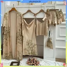 Mulheres E # 39conjunto De Pijama Com Estampa Cereja De 5 Peças , Robe Sem Mangas , Vestido Shorts Lounge
