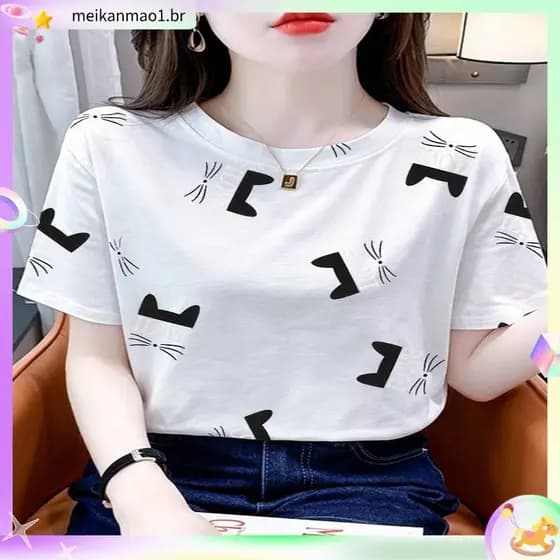 Algodão puro impresso Plus Size camiseta feminina versão coreana solta Casual fino meia manga topo feminino verão em tor