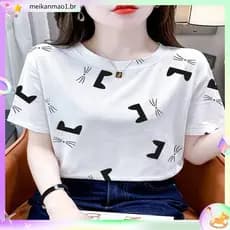 Algodão puro impresso Plus Size camiseta feminina versão coreana solta Casual fino meia manga topo feminino verão em tor