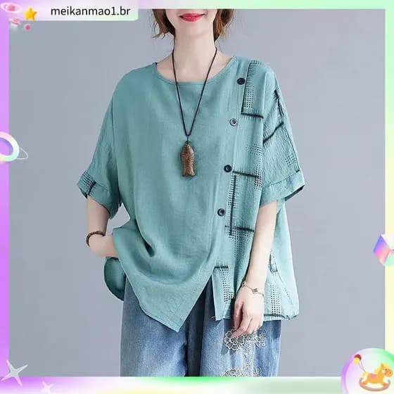 Verão novo estilo algodão linho Plus Size roupas femininas soltas mais magro olhar capa gordura mãe roupas irmã gorda de