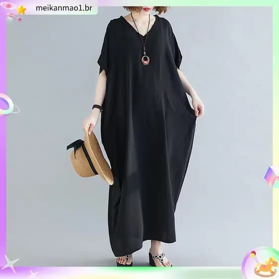 Verão Plus Size roupas femininas mais magro olhar com decote em V longo algodão novo estilo cor sólida vestido de verão