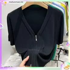 Plus Size feminino com decote em v imitação de seda gelo malhas feminino de manga curta verão estilo fino zíper Design n
