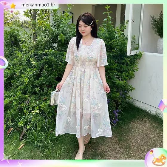 Chiffon verão novo estilo temperamento Plus Size roupas femininas gordura MM vestido saia de comprimento médio cintura e