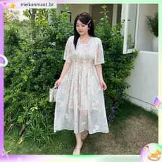 Chiffon verão novo estilo temperamento Plus Size roupas femininas gordura MM vestido saia de comprimento médio cintura e