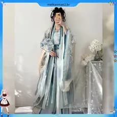 Muyu Azul Macio Hanfu Borboleta Amor Flor Língua Verão Cintura Comprimento Camisa de Manga Grande Saia Plissada Bordada