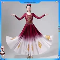 Novo traje de dança Xinjiang desempenho traje Weiwuer étnico grande balanço saia minoria étnica Wei arte étnica exame re