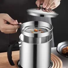 Dispensador de Óleo em Aço Inoxidável de 1400ml com Filtro e Bandeja - Recipiente para Armazenamento de Óleo de Fritura