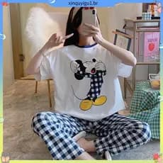 Arranjo do pijama, verão casual cartoon manga curta xadrez calça confortável conjunto de roupas de sala DYMN