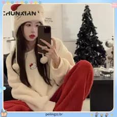 Mulheres E # 39pijamas De Natal Outono Inverno 2024 Novo Arroz Engrossado Veludo Fofo Ktcat Terno Doméstico De Duas Peça