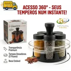 Porta Condimentos com 6 Potes de Vidros com Base Giratória 360º | Com Tampas Dosadoras e etiquetas para identificação do