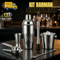 Kit Bar Man Completo 6 Peças: Coqueteleira 500ML + Balde de Gelo + Socador Multiuso + Dosador + Espremedor + Colher