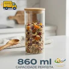 Pote de Vidro Com Tampa de Bambu Hermética Redondo 860ML