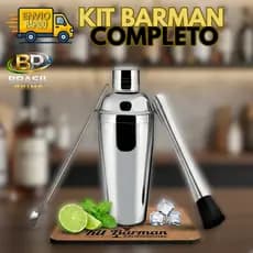 kit Barman inox Drinks Caipirinha 3 Peças Coqueteleira Socador Colher