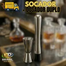 Kit Socador de Caipirinha e Dosador Duplo Inox Macerador Drinks Coqueteis Bebidas