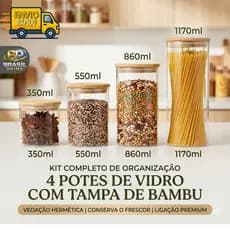 4 Porta Mantimentos Herméticos Vidro Bambu Silicone Premium