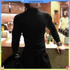 Masculino De Veludo Alemão Preto Com Meio Pescoço E # 39camiseta Inferior Outono Inverno Rufião Bonito Quente Interior t