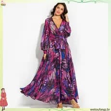 Vestido Longo Feminino Estampa floral De chiffon Manga Longa Gola V para Festa de Férias Social P - 5XG