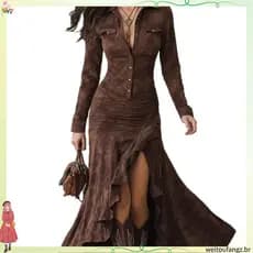 Vestido Longo Assimétrico Feminino com Estampa, Detalhe de Babados, Gola com Zíper e Fenda, Corte Justo