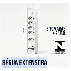 Régua de Tomadas 5 em 1 com 2 Portas USB - Régua Extensora com Interruptor Geral