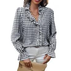 2026 primavera nova chegada com decote em V xadrez camisa de renda moda francesa elegante camisa de manga comprida roupa