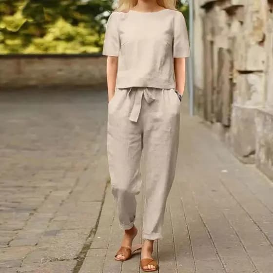 Feminino algodão linho verão combinando terno meia manga O-pescoço blusa Oversized e calças de perna larga Retro terno d