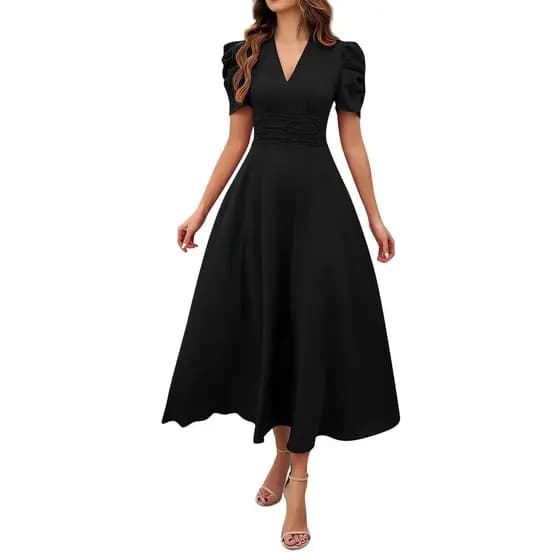 2026 Cross-Border primavera verão senhoras moda temperamento cintura alta cor sólida cintura estreita vestido de manga c