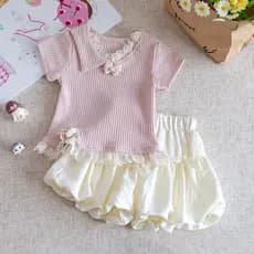 Menina coreana terno vestido de verão 2026 venda quente menina bebê doce rosa manga curta camiseta Bud calças de duas pe