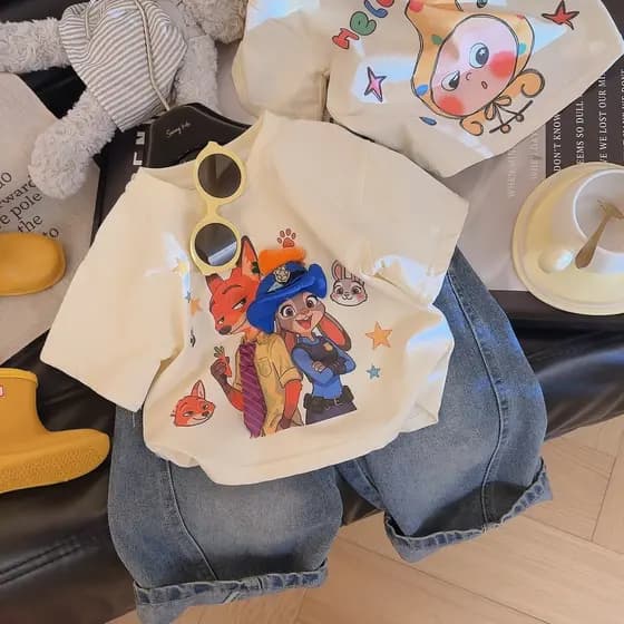 Crianças puro algodão de manga curta camiseta 2026 primavera verão novo estilo boneca bonito topo meninos meninas dos de