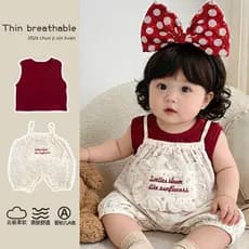 [Top + macacão] Macacão infantil de verão, macacão de algodão de duas peças, masculino e feminino, macacão de bebê