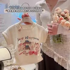 Meninas verão novo estilo versão coreana arco topo médio pequenas crianças bonito impresso camiseta crianças verão dos d