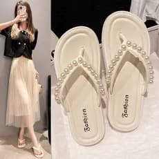 Pérola flip-flops feminino verão exterior usar flip-flops sandálias francês de salto baixo praia nicho romano novo estil