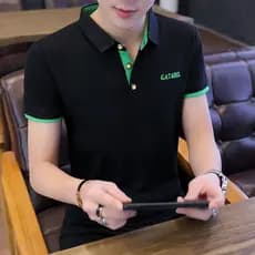 Camisa de manga curta masculina versão coreana magro-ajuste lapela camisa de fundo cor sólida camiseta lapela camisa POL