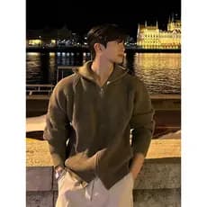 Duplo zíper gola alta Cardigan camisola masculina outono inverno novo estilo versão coreana solto quente High-End Sw