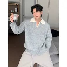 Estilo britânico estilo antigo dinheiro pesado gola gaivota falso camisola de duas peças masculino macio cera lapela cam