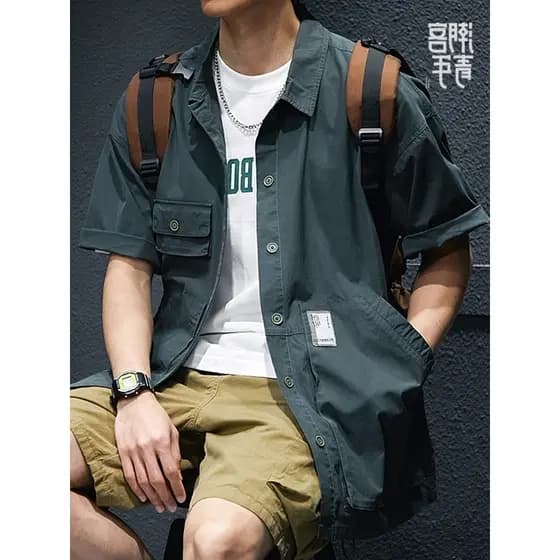 Verão estilo fino Workwear camisa masculina de manga curta Multi-bolso solto tamanho grande americano Street Wear ins Ca