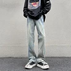 Primavera verão High Street estilo americano costura Retro Jeans masculino solto em linha reta hiphop Drape Design calça