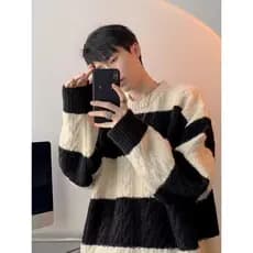 Estilo Hong Kong inverno em torno do pescoço camisola masculina solta estilo preguiçoso na moda contraste cor torção rua