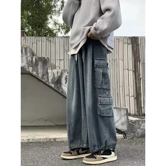 Calças grandes japonesas High Street americano Retro Multi-bolso macacão Jeans masculino funcional Bloomers de perna lar