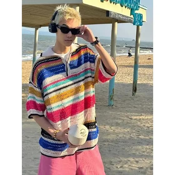 Americano Retro colorido listrado oco malhas das mulheres dos homens primavera verão novo estilo lapela solta Casual de