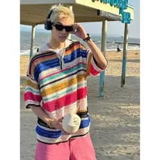 Americano Retro colorido listrado oco malhas das mulheres dos homens primavera verão novo estilo lapela solta Casual de