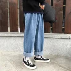 Verão Drop-Feel Jeans de perna larga masculino Street Wear macacão solto em linha reta papai masculino