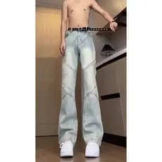 Estilo americano costura Micro-Flap Jeans masculino alto cinto estendido estilo calças High Street vibe calças retas Mac