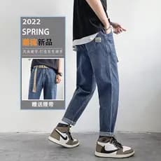 Calças de brim masculinas estiramento rua Wear solto em linha reta tornozelo comprimento 2022 novo fino Casual verão cal