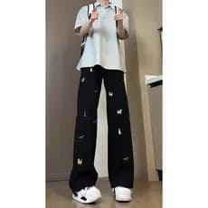 Desenhos animados filhote de cachorro bordado Jeans masculino street Wear americano High street vibe calças magro-ajuste