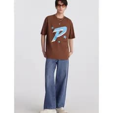 Verão wear Metes carta impressão em torno do pescoço de manga curta camiseta masculina solta ombro caído algodão pesado