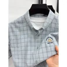 Camisa xadrez masculina de manga curta verão novo estilo mesma cor botão na moda lapela bordado Casual All-Match camisa
