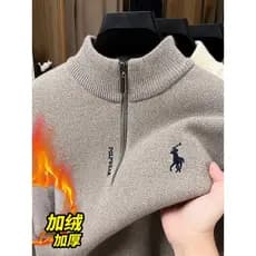 Suéter masculino com meio zíper, forro de lã, engrossado, quente, meia gola alta, furão, lã, peça única