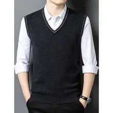 2025 outono novo estilo camisola masculina 100% lã pura meia-idade com decote em V pulôver sem mangas colete colete