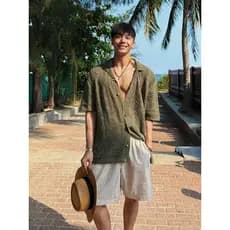 Retro estilo dinheiro antigo gola cubana oco camisa de malha masculina havaí Seaside Wear férias solto camisa de manga c