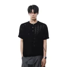 Americano Retro oco malhas camisola de manga curta masculino verão All-Match Casual High-End Henry colarinho H